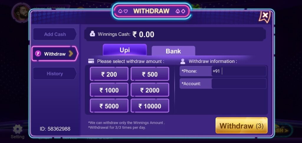 Teen Patti Real Cash Withdraw